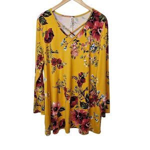 Sunday Morning Womens 3XL Pullover Tunic Top Gold Floral Stretch Comfort Casual